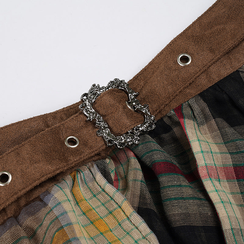 Fall Ready! Edgy Asymmetrical Plaid Mini Skirt with Ruffle & Buckle Detail