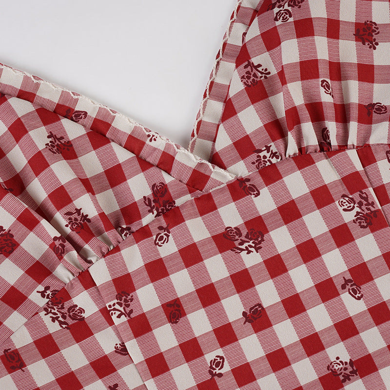 Sweetheart Red Gingham Floral Halter Top - Adjustable Tie-Back Cami for Effortless Style
