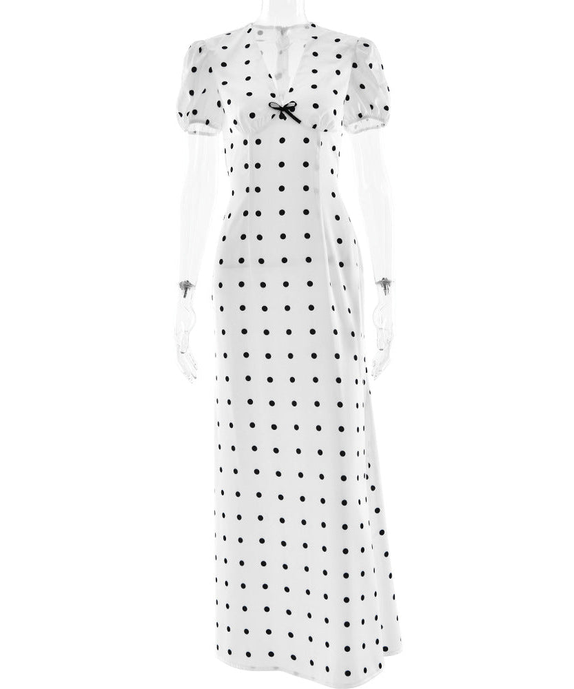 Retro Chic Polka Dot Maxi Dress with Sweet Bow - Timeless Style for Fall & Beyond