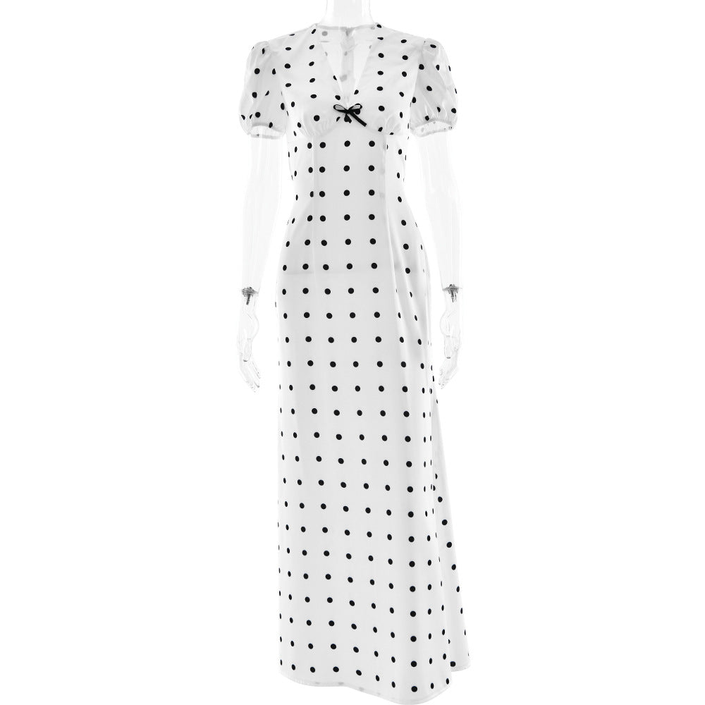 Retro Chic Polka Dot Maxi Dress with Sweet Bow - Timeless Style for Fall & Beyond