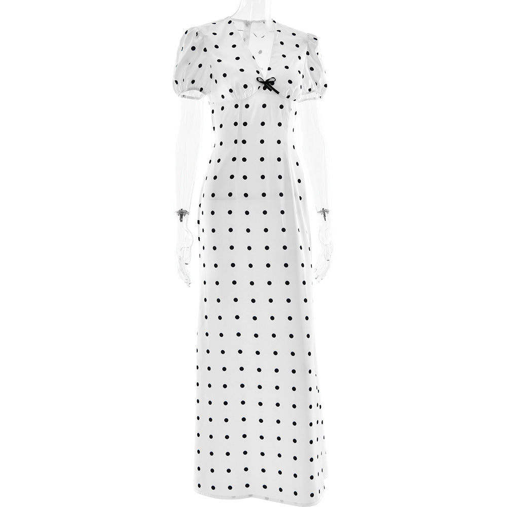 Retro Chic Polka Dot Maxi Dress with Sweet Bow - Timeless Style for Fall & Beyond