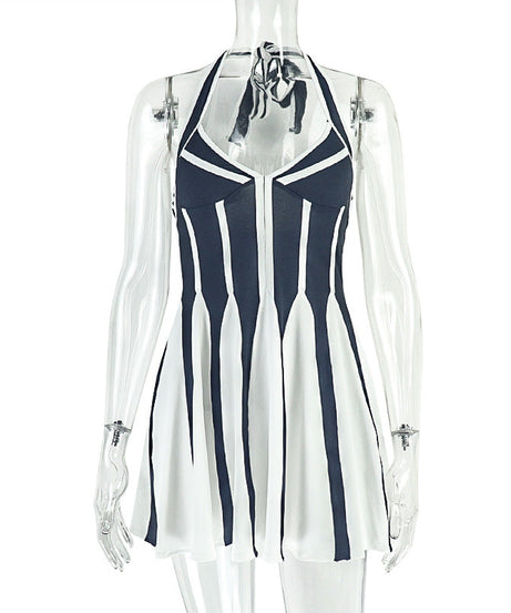 Chic Halter V-Neck Striped Mini Dress | Fall Party & Vacation Ready for American Women