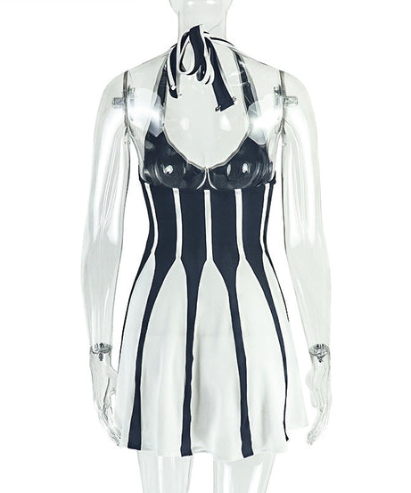 Chic Halter V-Neck Striped Mini Dress | Fall Party & Vacation Ready for American Women