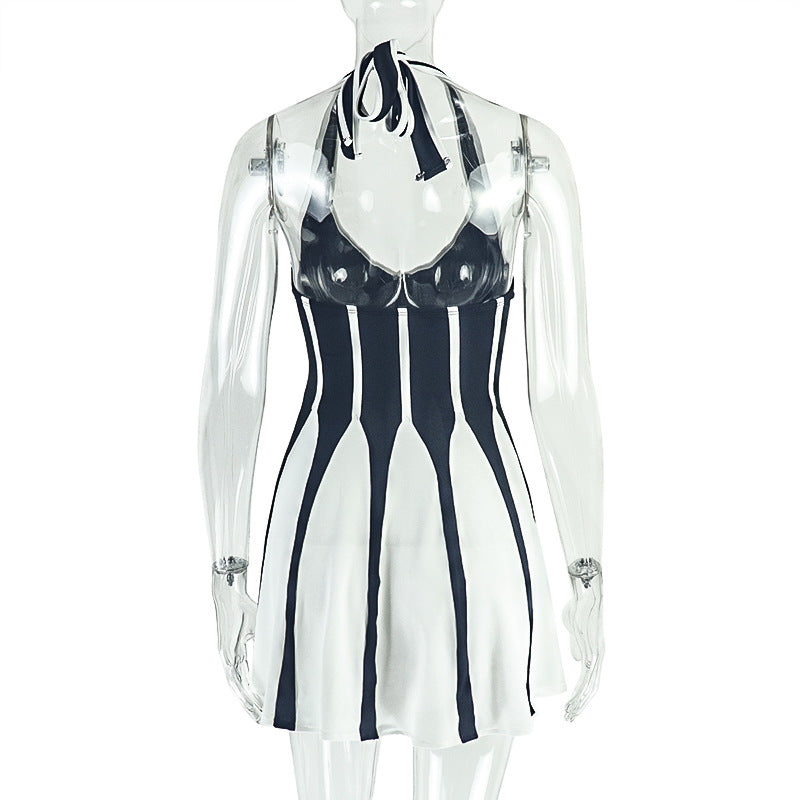 Chic Halter V-Neck Striped Mini Dress | Fall Party & Vacation Ready for American Women