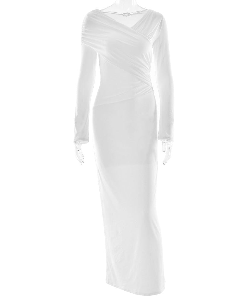 Elegant Winter White Ruched Bodycon Maxi Dress | Long Sleeve Draped V-Neck for Fall & Holiday Events