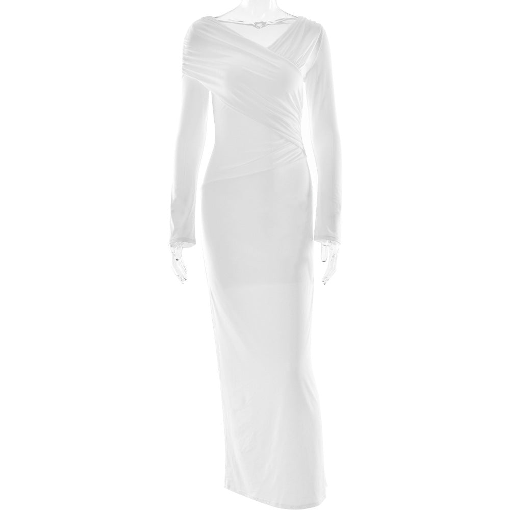 Elegant Winter White Ruched Bodycon Maxi Dress | Long Sleeve Draped V-Neck for Fall & Holiday Events