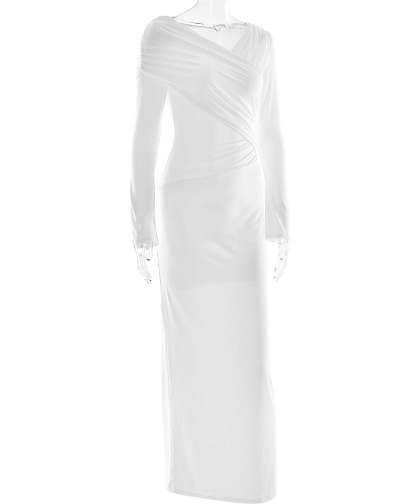 Elegant Winter White Ruched Bodycon Maxi Dress | Long Sleeve Draped V-Neck for Fall & Holiday Events
