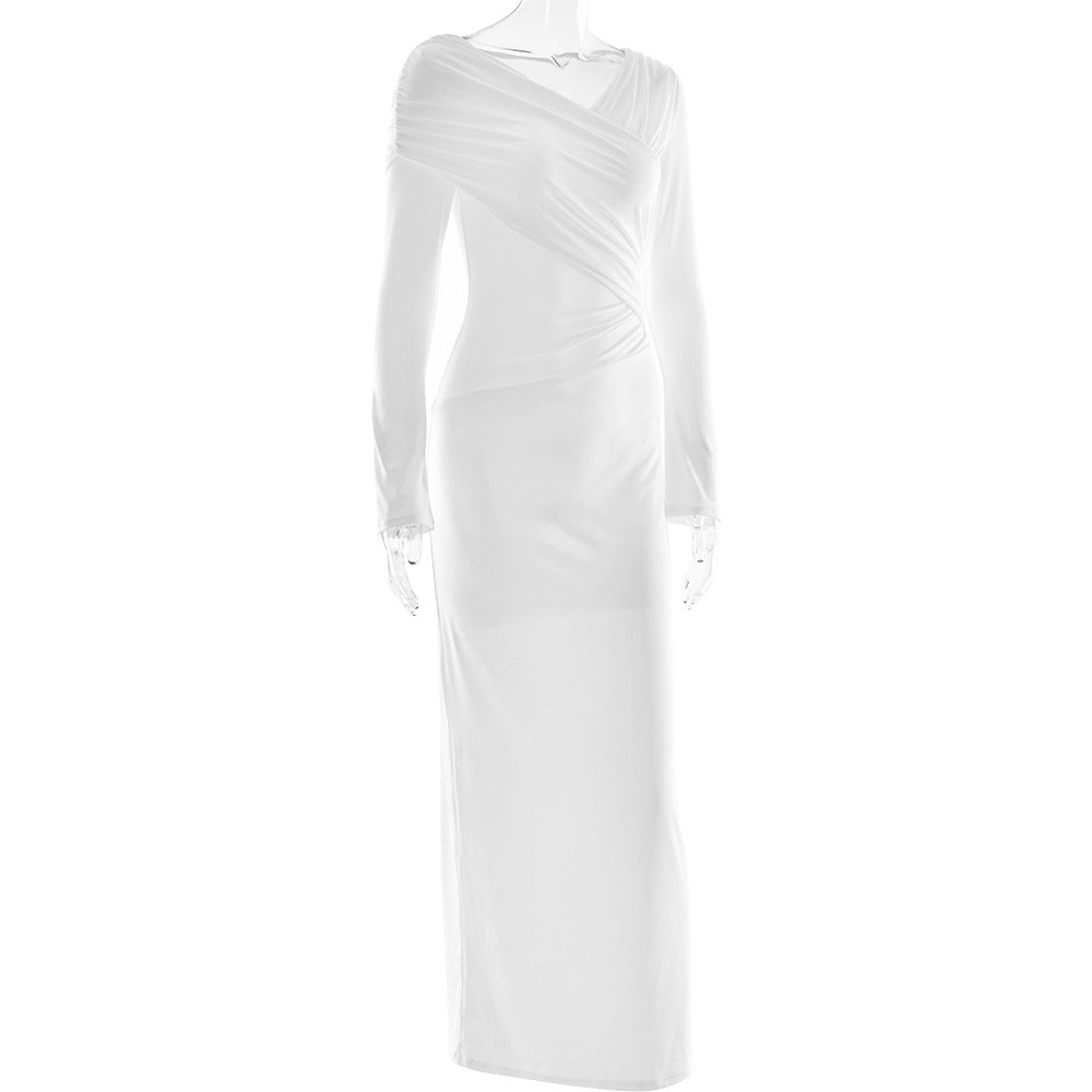Elegant Winter White Ruched Bodycon Maxi Dress | Long Sleeve Draped V-Neck for Fall & Holiday Events