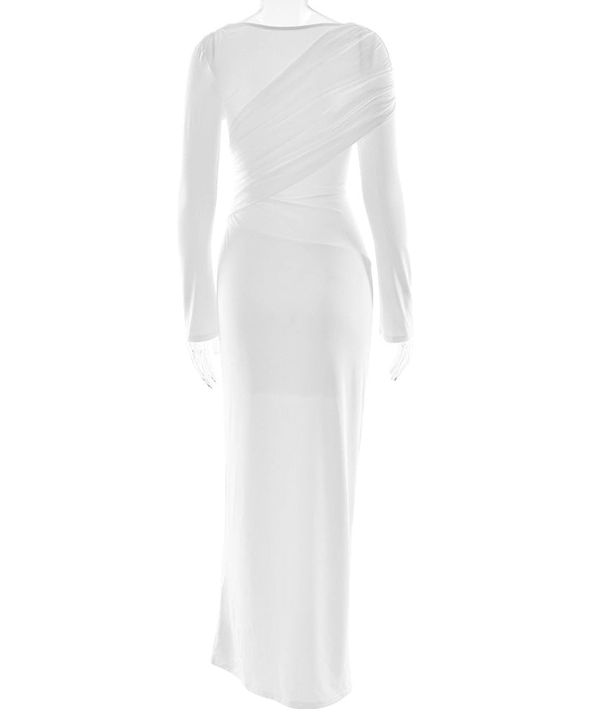 Elegant Winter White Ruched Bodycon Maxi Dress | Long Sleeve Draped V-Neck for Fall & Holiday Events