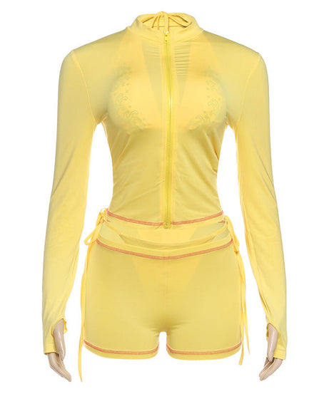 Sunny Yellow Long-Sleeve Zip-Up Rash Guard & Tie-Side Shorts Set - Your Ultimate Tropical Escape Swim & Activewear
