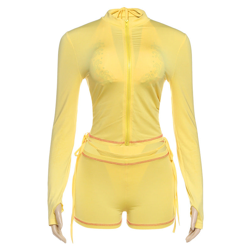 Sunny Yellow Long-Sleeve Zip-Up Rash Guard & Tie-Side Shorts Set - Your Ultimate Tropical Escape Swim & Activewear