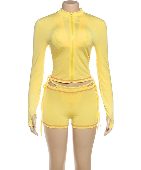 Sunny Yellow Long-Sleeve Zip-Up Rash Guard & Tie-Side Shorts Set - Your Ultimate Tropical Escape Swim & Activewear