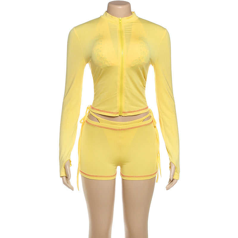 Sunny Yellow Long-Sleeve Zip-Up Rash Guard & Tie-Side Shorts Set - Your Ultimate Tropical Escape Swim & Activewear