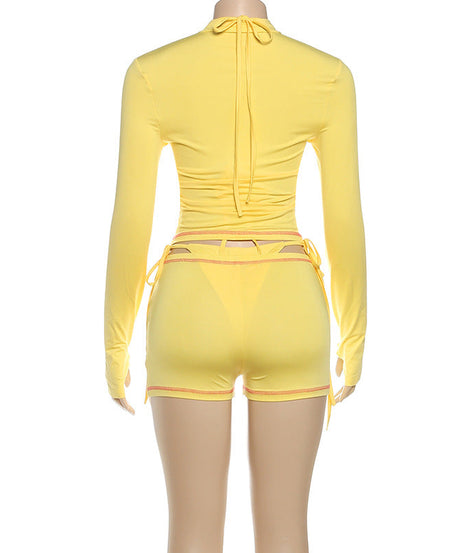 Sunny Yellow Long-Sleeve Zip-Up Rash Guard & Tie-Side Shorts Set - Your Ultimate Tropical Escape Swim & Activewear