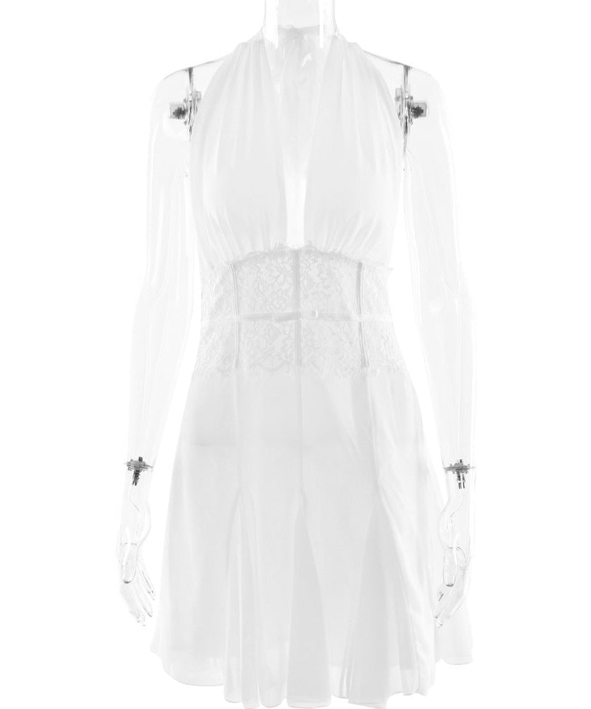 Golden Hour Glow Halter Mini Dress | Deep V-Neck & Delicate Lace for Effortless Chic