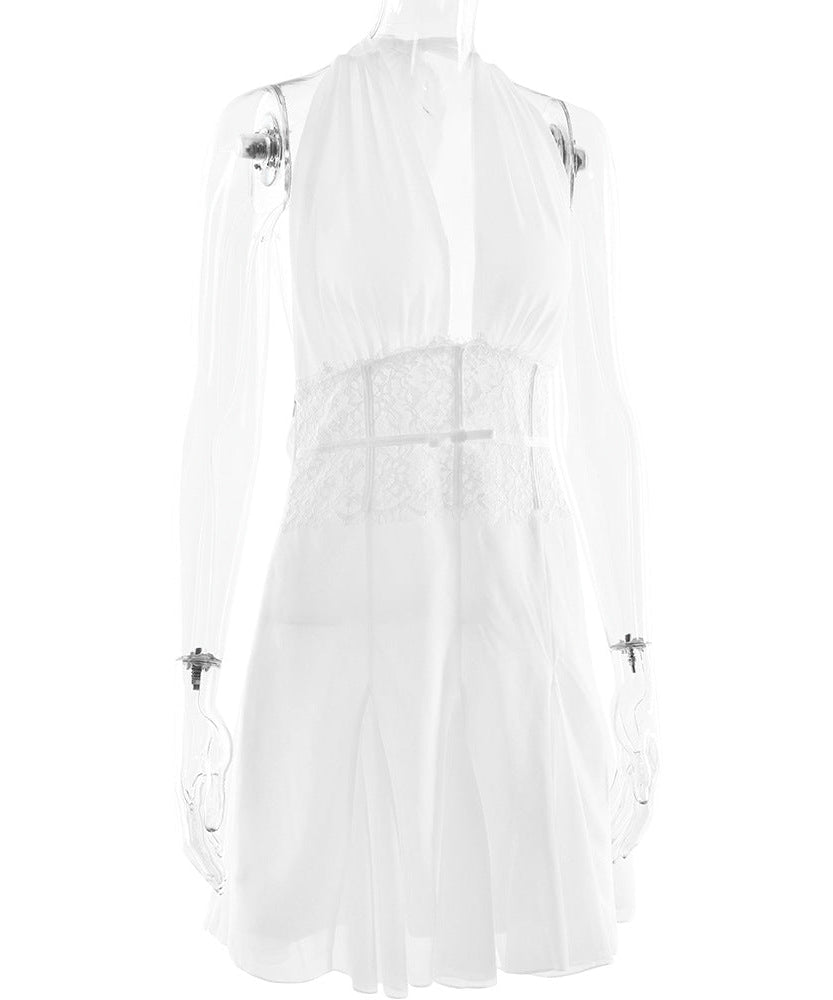 Golden Hour Glow Halter Mini Dress | Deep V-Neck & Delicate Lace for Effortless Chic