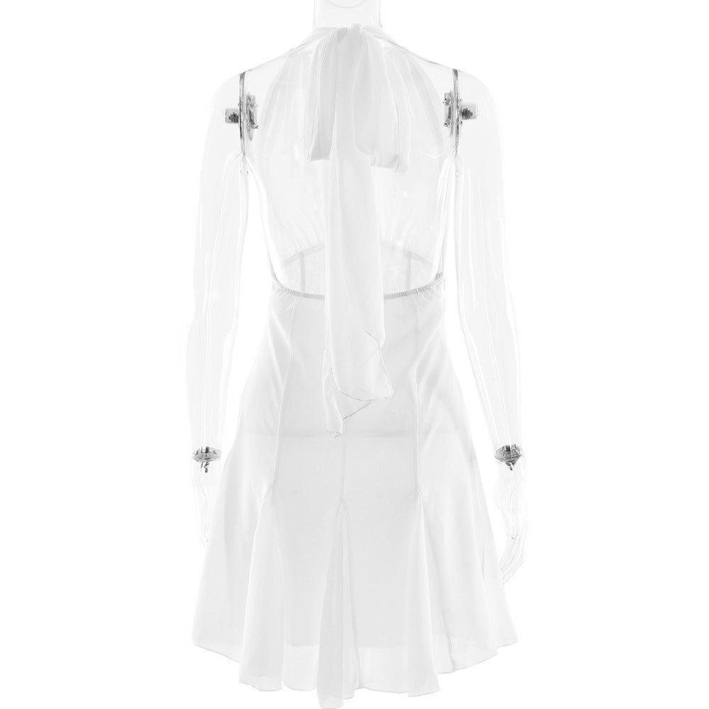 Golden Hour Glow Halter Mini Dress | Deep V-Neck & Delicate Lace for Effortless Chic