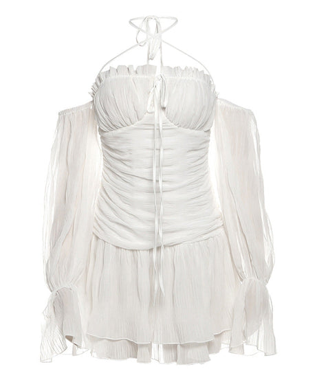 Ethereal Fall Dream: Halter Ruched Mini Dress with Off-Shoulder Flowy Sleeves