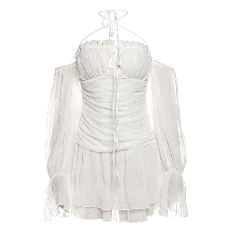Ethereal Fall Dream: Halter Ruched Mini Dress with Off-Shoulder Flowy Sleeves