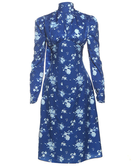 Chic Blue Floral Mock Neck Midi Dress | Elegant Long Sleeve Fall Fashion