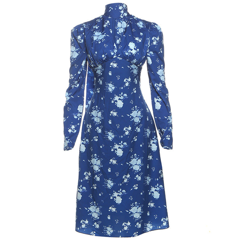 Chic Blue Floral Mock Neck Midi Dress | Elegant Long Sleeve Fall Fashion