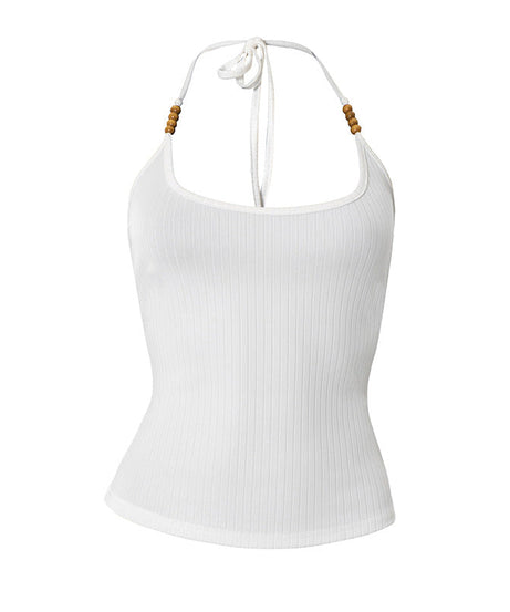 Effortless White Ribbed Halter Top with Beaded Straps - Your Chic Fall Layering Essential
