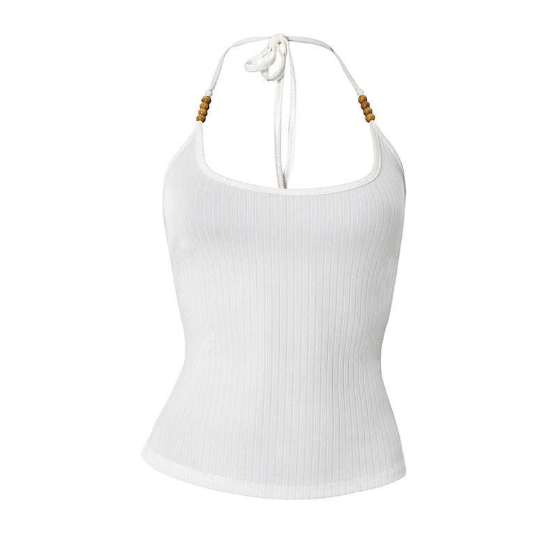 Effortless White Ribbed Halter Top with Beaded Straps - Your Chic Fall Layering Essential