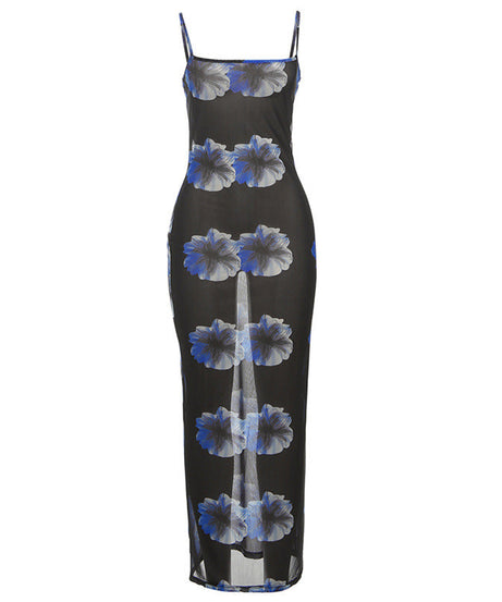 Sultry Blue Floral Mesh Maxi Dress - Sheer Cami Gown for Fall Nights & Tropical Escapes