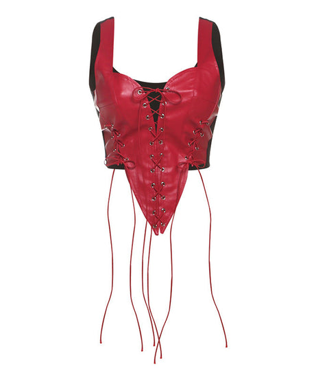 Fierce Red Faux Leather Lace-Up Corset Top - Fall Party & Halloween Statement
