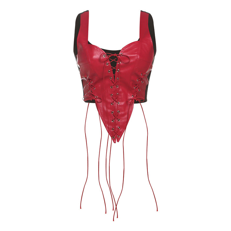 Fierce Red Faux Leather Lace-Up Corset Top - Fall Party & Halloween Statement