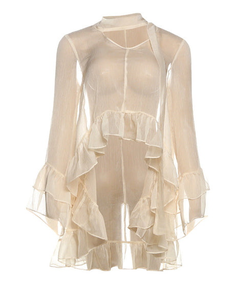 Boho Chic Sheer Ruffle Blouse - Flowy Tiered Bell Sleeve Top for Fall