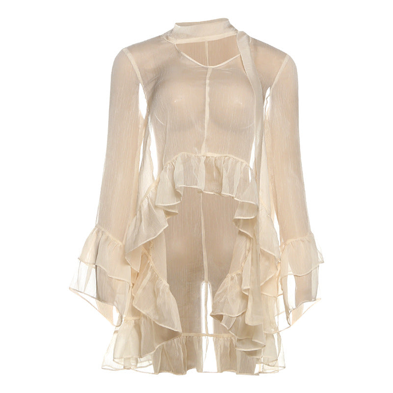 Boho Chic Sheer Ruffle Blouse - Flowy Tiered Bell Sleeve Top for Fall