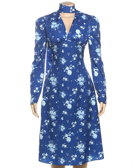 Chic Blue Floral Mock Neck Midi Dress | Elegant Long Sleeve Fall Fashion