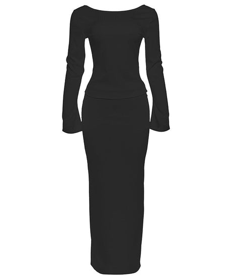 Luxe Ribbed Knit Long Sleeve Top & Maxi Skirt Set - Effortless Fall/Winter White Co-ord