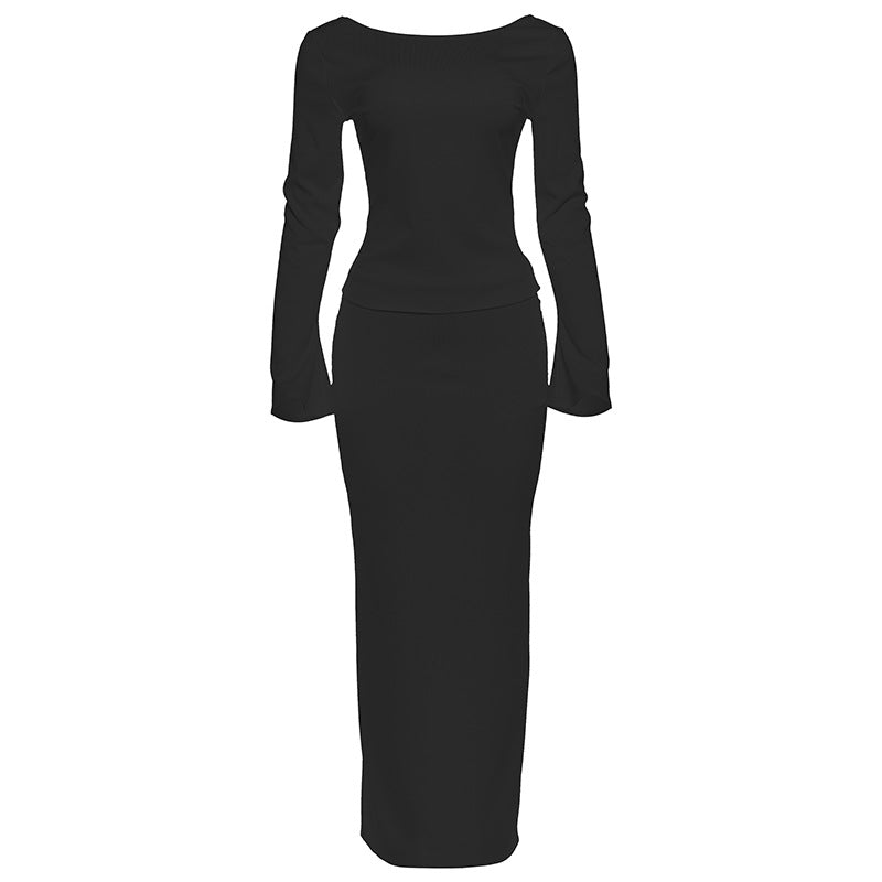 Luxe Ribbed Knit Long Sleeve Top & Maxi Skirt Set - Effortless Fall/Winter White Co-ord