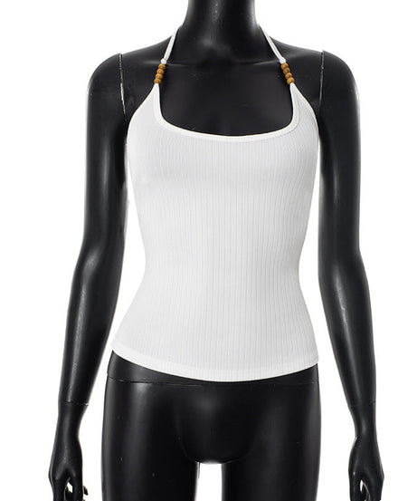 Effortless White Ribbed Halter Top with Beaded Straps - Your Chic Fall Layering Essential