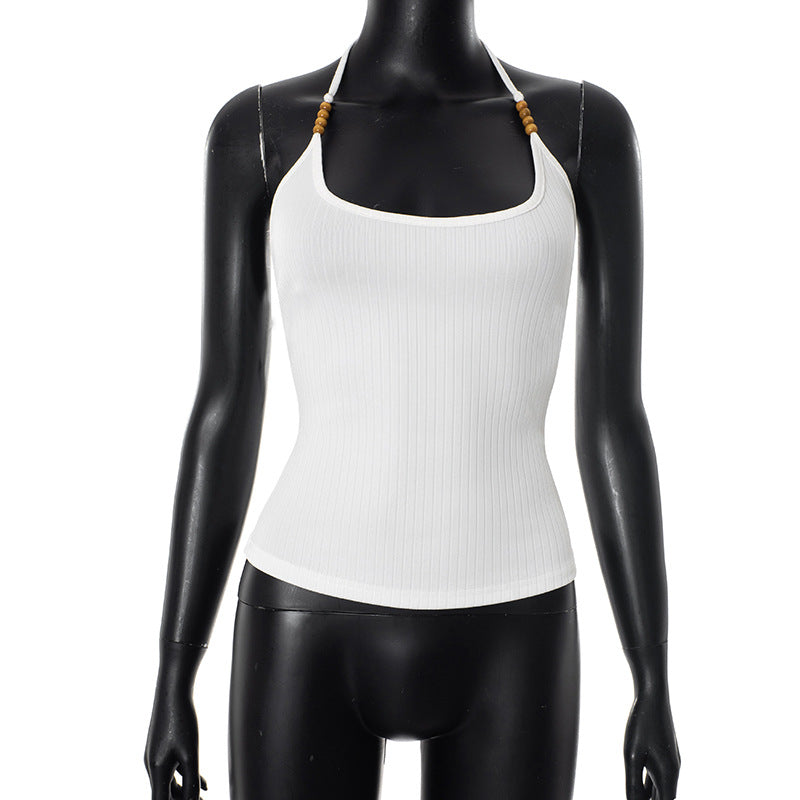 Effortless White Ribbed Halter Top with Beaded Straps - Your Chic Fall Layering Essential