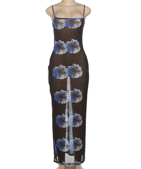 Sultry Blue Floral Mesh Maxi Dress - Sheer Cami Gown for Fall Nights & Tropical Escapes