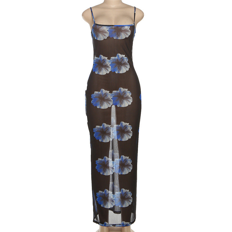Sultry Blue Floral Mesh Maxi Dress - Sheer Cami Gown for Fall Nights & Tropical Escapes