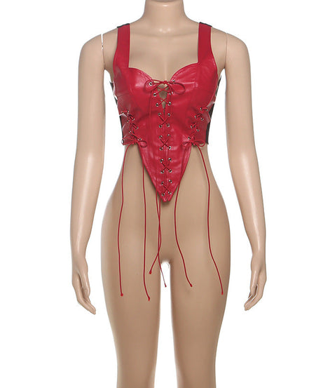 Fierce Red Faux Leather Lace-Up Corset Top - Fall Party & Halloween Statement