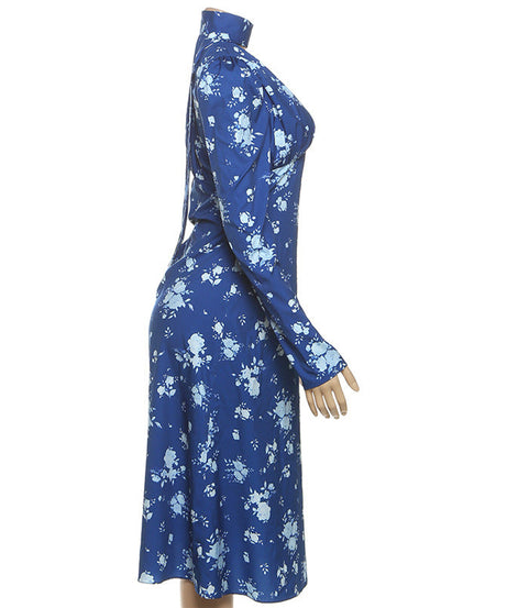 Chic Blue Floral Mock Neck Midi Dress | Elegant Long Sleeve Fall Fashion