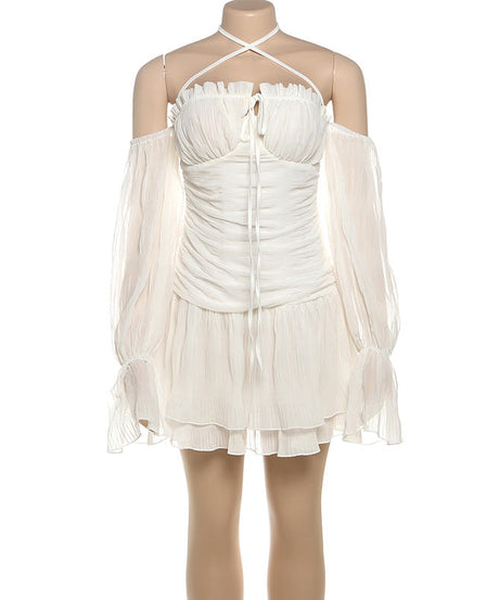 Ethereal Fall Dream: Halter Ruched Mini Dress with Off-Shoulder Flowy Sleeves
