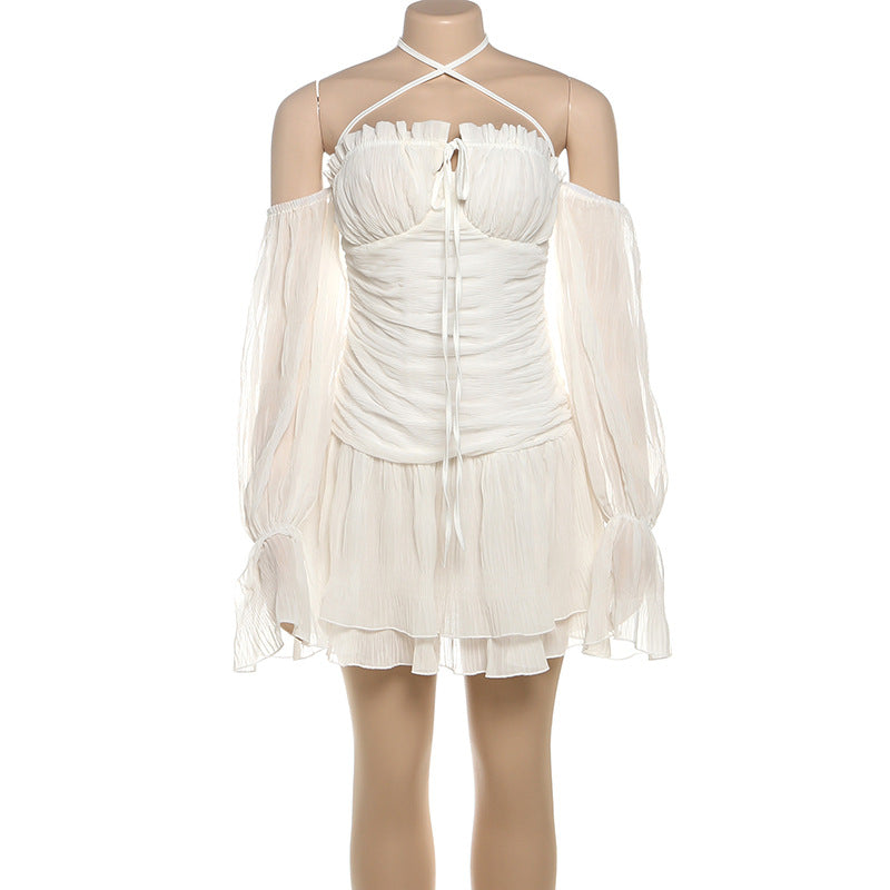 Ethereal Fall Dream: Halter Ruched Mini Dress with Off-Shoulder Flowy Sleeves