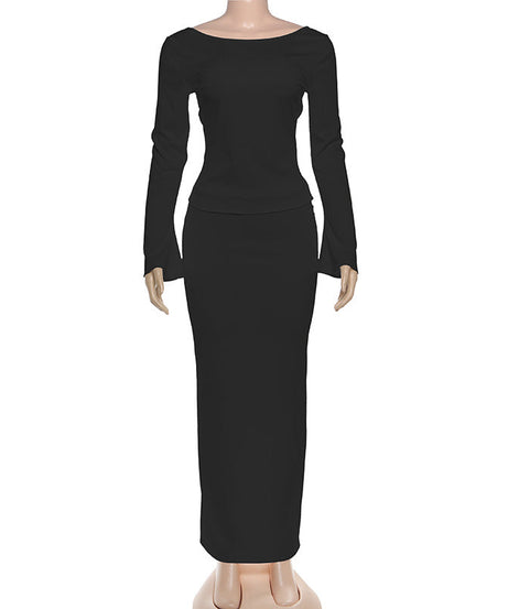 Luxe Ribbed Knit Long Sleeve Top & Maxi Skirt Set - Effortless Fall/Winter White Co-ord