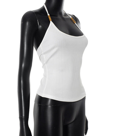 Effortless White Ribbed Halter Top with Beaded Straps - Your Chic Fall Layering Essential
