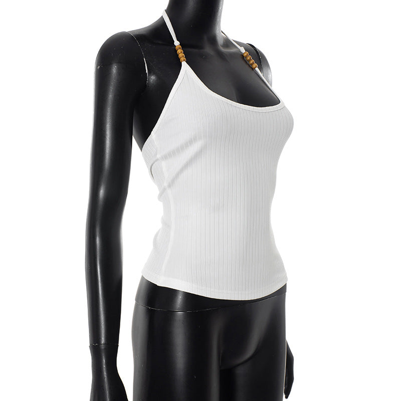 Effortless White Ribbed Halter Top with Beaded Straps - Your Chic Fall Layering Essential
