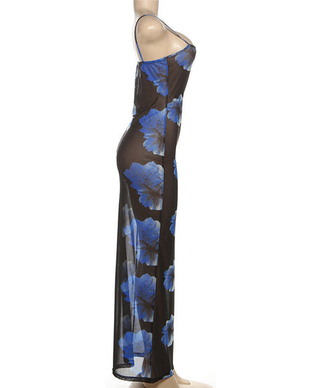 Sultry Blue Floral Mesh Maxi Dress - Sheer Cami Gown for Fall Nights & Tropical Escapes