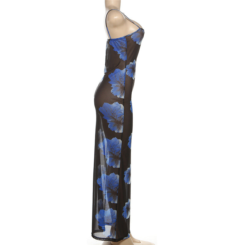Sultry Blue Floral Mesh Maxi Dress - Sheer Cami Gown for Fall Nights & Tropical Escapes