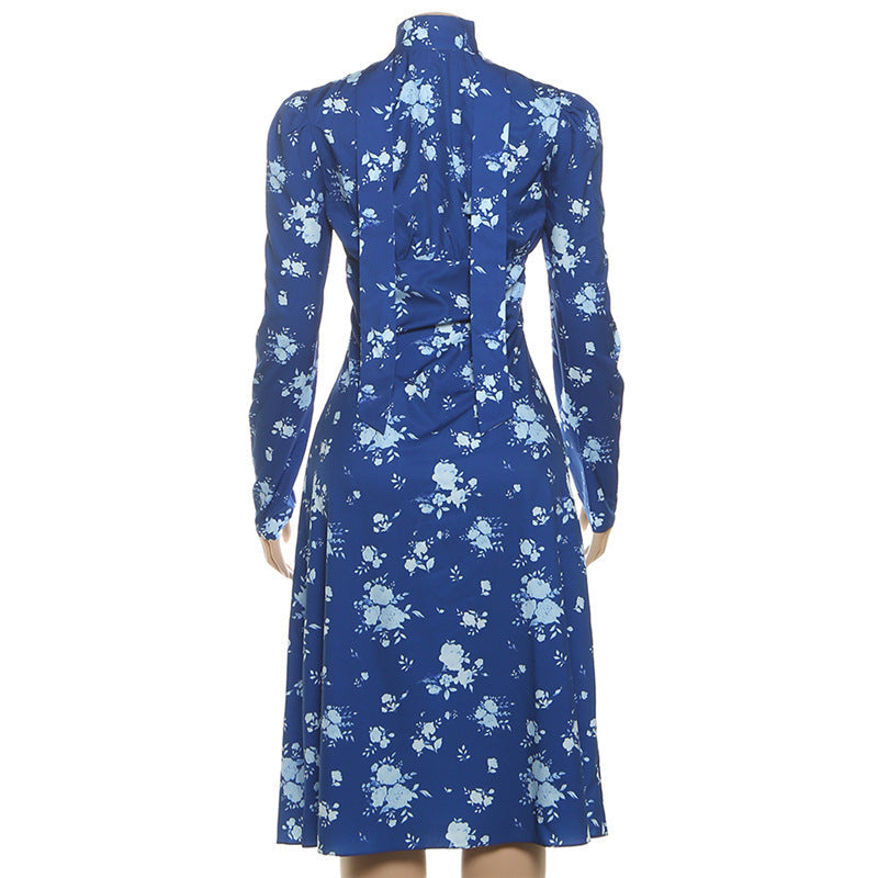 Chic Blue Floral Mock Neck Midi Dress | Elegant Long Sleeve Fall Fashion
