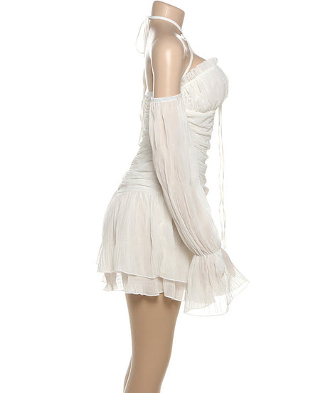 Ethereal Fall Dream: Halter Ruched Mini Dress with Off-Shoulder Flowy Sleeves